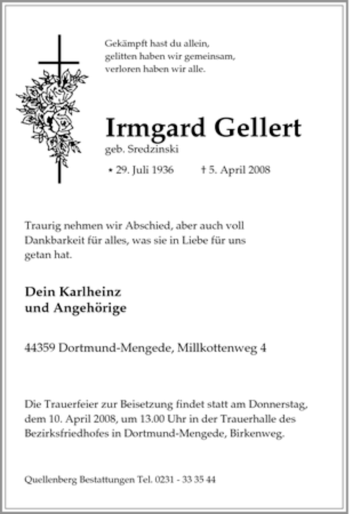Traueranzeige von Irmgard Gellert von Tageszeitung