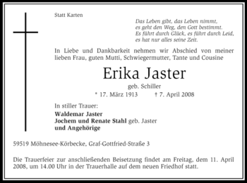 Traueranzeige von Erika Jaster von Tageszeitung