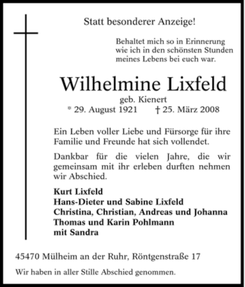 Traueranzeige von Wilhelmine Lixfeld von Tageszeitung