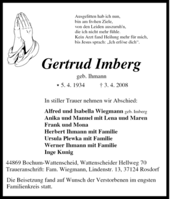 Traueranzeige von Gertrud Imberg von Tageszeitung