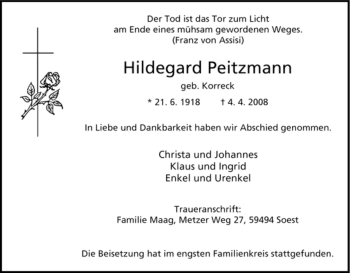 Traueranzeige von Hildegard Peitzmann von Tageszeitung