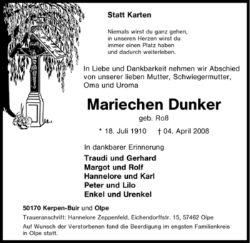Traueranzeige von Mariechen Dunker von Tageszeitung