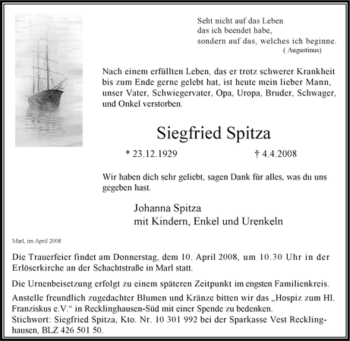 Traueranzeige von Siegfried Spitza von Tageszeitung