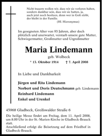 Traueranzeige von Maria Lindemann von Tageszeitung