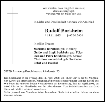 Traueranzeige von Rudolf Borkheim von Tageszeitung