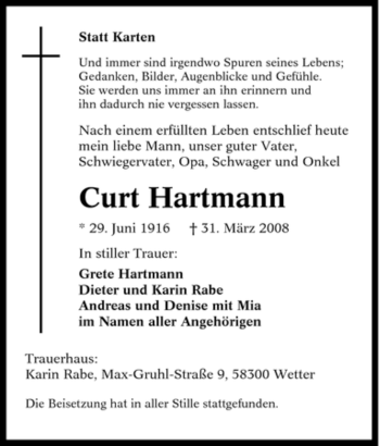 Traueranzeige von Curt Hartmann von Tageszeitung
