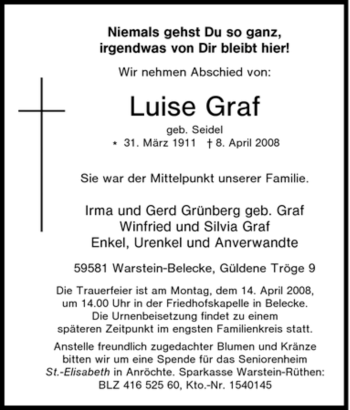 Traueranzeige von Luise Graf von Tageszeitung