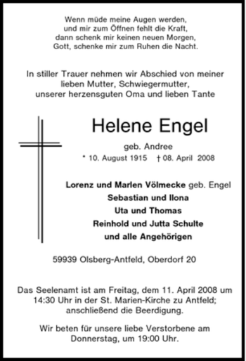 Traueranzeige von Helene Engel von Tageszeitung