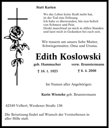 Traueranzeige von Edith Koslowski von Tageszeitung