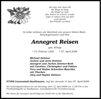 Traueranzeige von Annegret Reisen von Tageszeitung