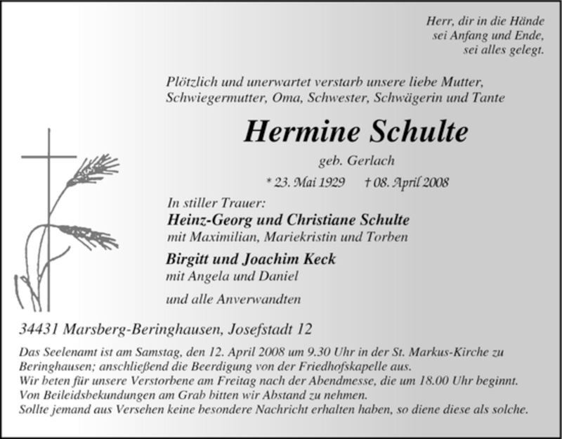  Traueranzeige für Hermine Schulte vom 09.04.2008 aus Tageszeitung