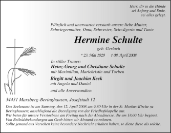 Traueranzeige von Hermine Schulte von Tageszeitung