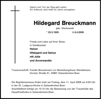 Traueranzeige von Hildegard Breuckmann von Tageszeitung