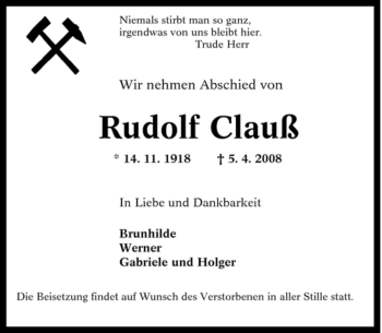 Traueranzeige von Rudolf Clauß von Tageszeitung