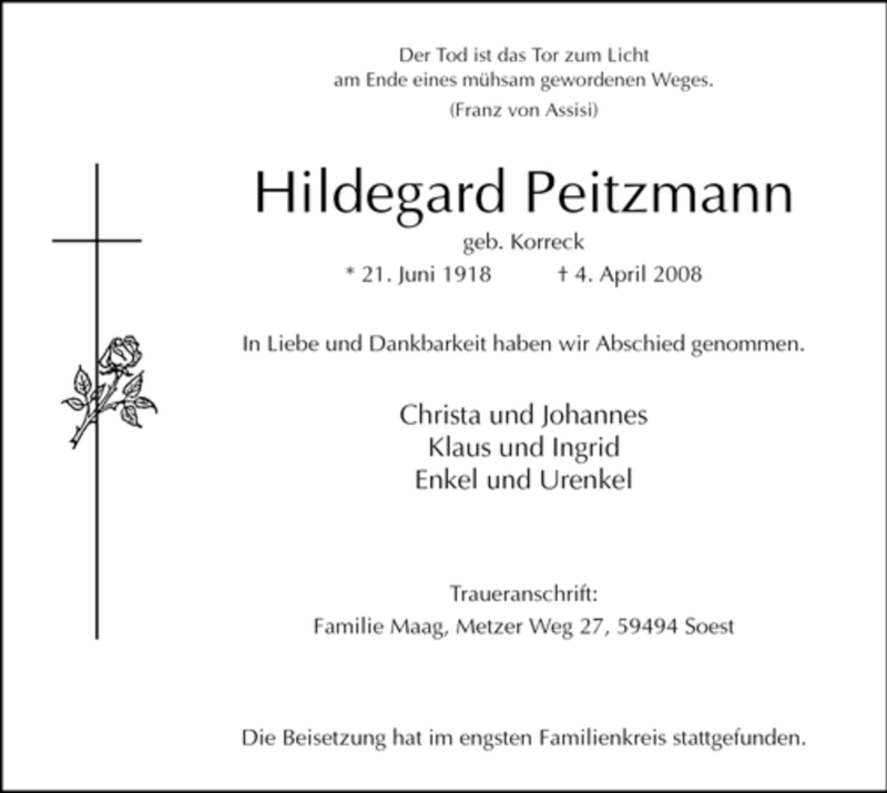  Traueranzeige für Hildegard Peitzmann vom 09.04.2008 aus Tageszeitung