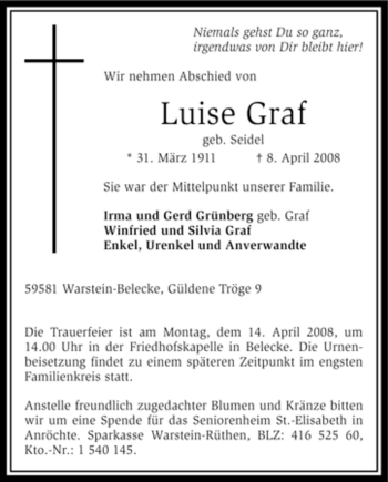 Traueranzeige von Luise Graf von Tageszeitung