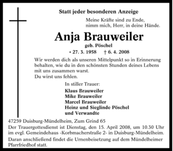 Traueranzeige von Anja Brauweiler von Tageszeitung