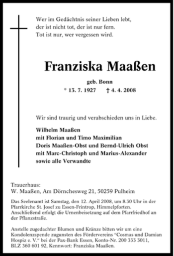 Traueranzeige von Franziska Maaßen von Tageszeitung