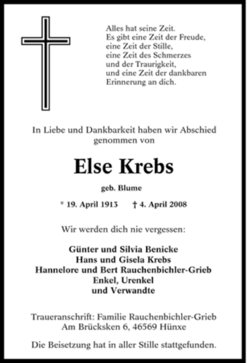 Traueranzeige von Else Krebs von Tageszeitung
