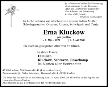 Traueranzeige von Erna Kluckow von Tageszeitung