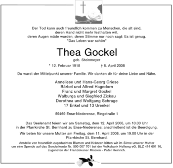 Traueranzeige von Thea Gockel von Tageszeitung