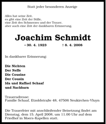 Traueranzeige von Joachim Schmidt von Tageszeitung