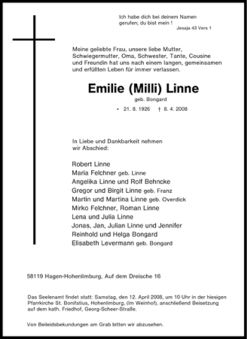 Traueranzeige von Emilie Linne von Tageszeitung