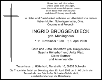 Traueranzeige von Ingrid Brüggendieck von Tageszeitung