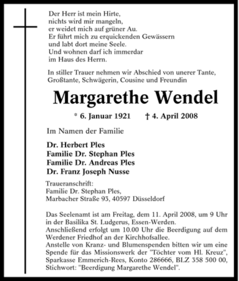  Traueranzeige für Margarethe Wendel vom 11.04.2008 aus Tageszeitung