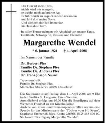 Traueranzeige von Margarethe Wendel von Tageszeitung