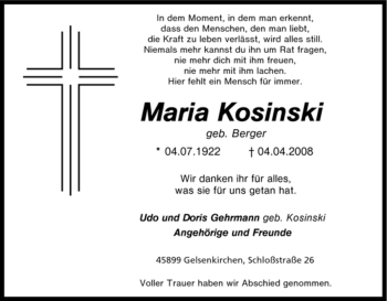 Traueranzeige von Maria Kosinski von Tageszeitung