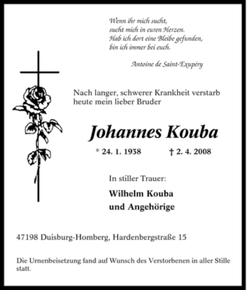 Traueranzeige von Johannes Kouba von Tageszeitung