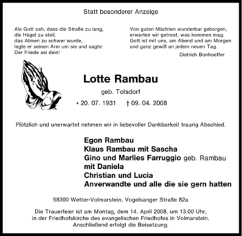 Traueranzeige von Lotte Rambau von Tageszeitung