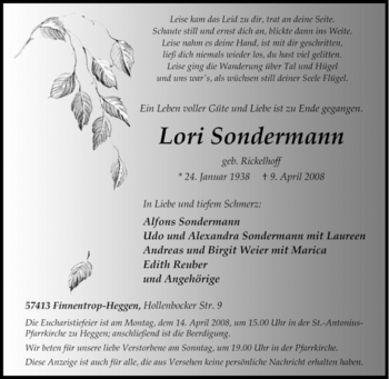 Traueranzeige von Lori Sondermann von Tageszeitung