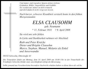 Traueranzeige von Elsa Clausohm von Tageszeitung