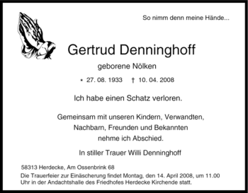 Traueranzeige von Gertrud Denninghoff von Tageszeitung