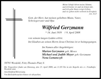 Traueranzeige von Wilfried Gerzmann von Tageszeitung