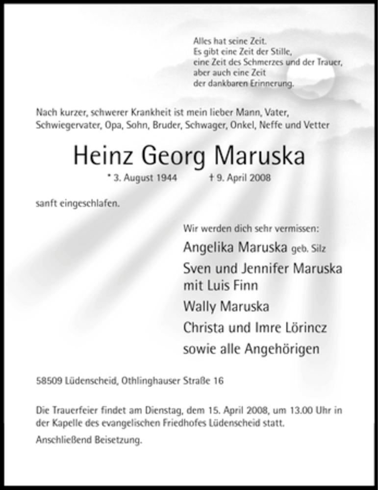  Traueranzeige für Heinz Georg Maruska vom 11.04.2008 aus Tageszeitung