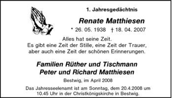 Traueranzeige von Renate Matthiesen von Tageszeitung
