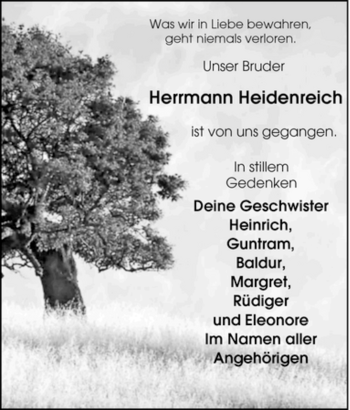 Traueranzeige von Herrmann Heidenreich von Tageszeitung