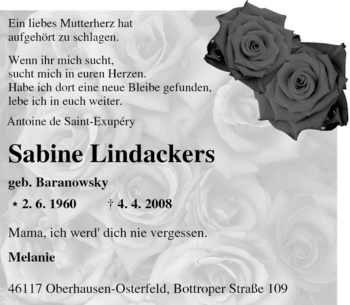 Traueranzeige von Sabine Lindackers von Tageszeitung