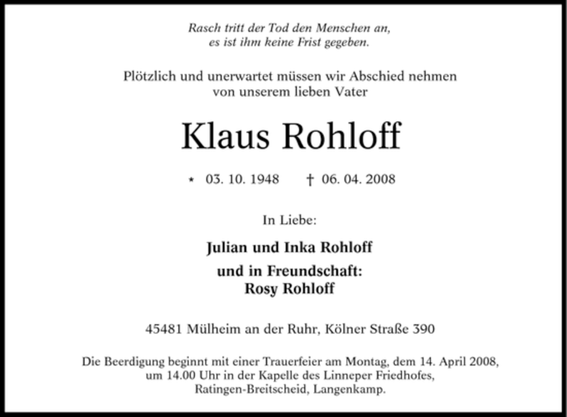  Traueranzeige für Klaus Rohloff vom 12.04.2008 aus Tageszeitung