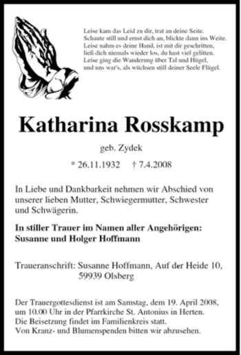 Traueranzeige von Katharina Rosskamp von Tageszeitung