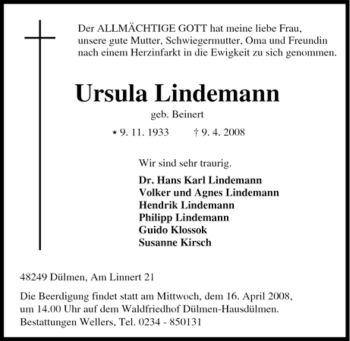 Traueranzeige von Ursula Lindemann von Tageszeitung