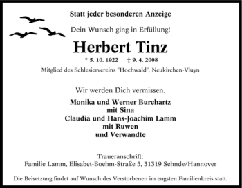 Traueranzeige von Herbert Tinz von Tageszeitung