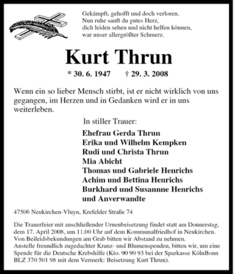  Traueranzeige für Kurt Thrun vom 12.04.2008 aus Tageszeitung