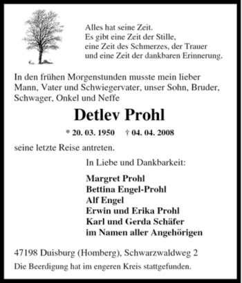 Traueranzeige von Detlev Prohl von Tageszeitung