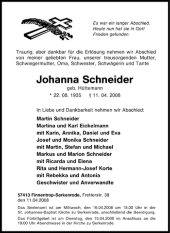 Traueranzeige von Johanna Schneider von Tageszeitung