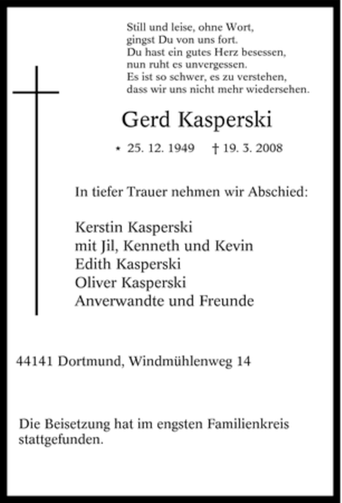 Traueranzeigen von Gerd Kasperski TrauerinNRW.de