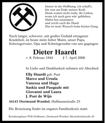 Traueranzeige von Dieter Haardt von Tageszeitung